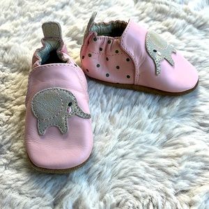 Robeez Pink and Shimmery Grey Elephant Baby slippers.